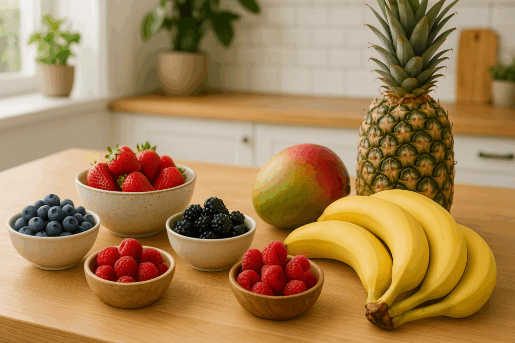 Bowls of berries on one side and high-sugar tropical fruits like bananas, mango, and pineapple on the other, illustrating keto fruits to avoid.