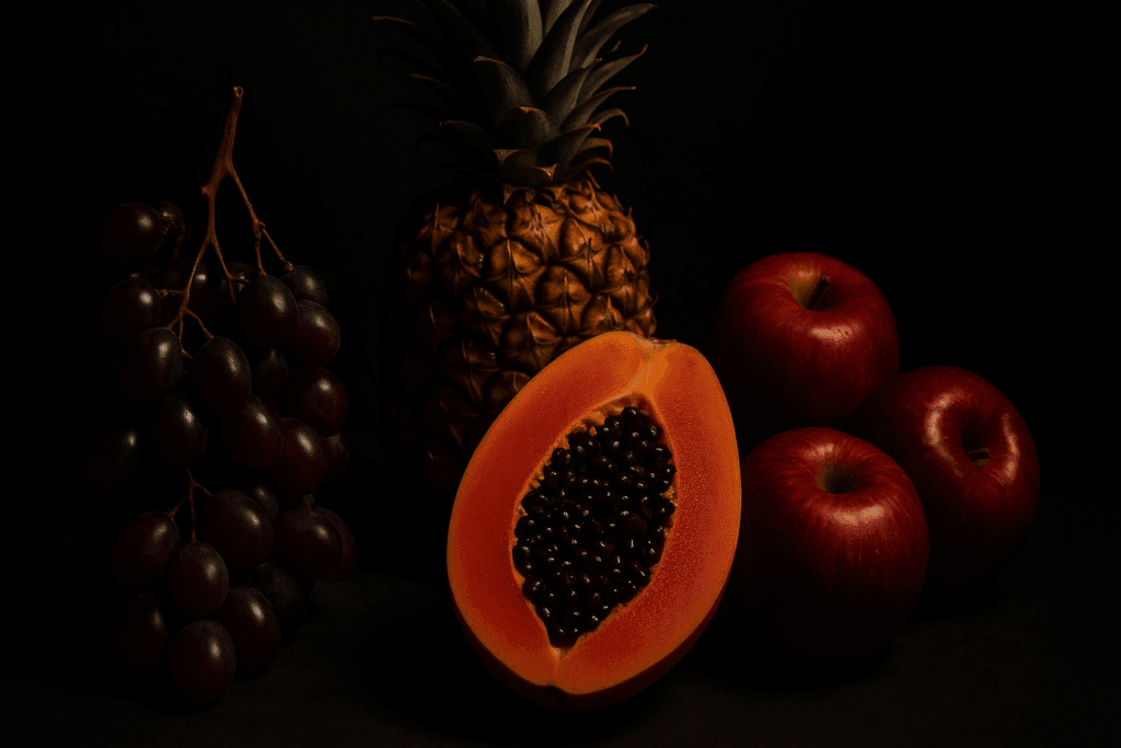 Flat lay of high-sugar keto fruits to avoid including grapes, pineapple, papaya, and apples on a dark background