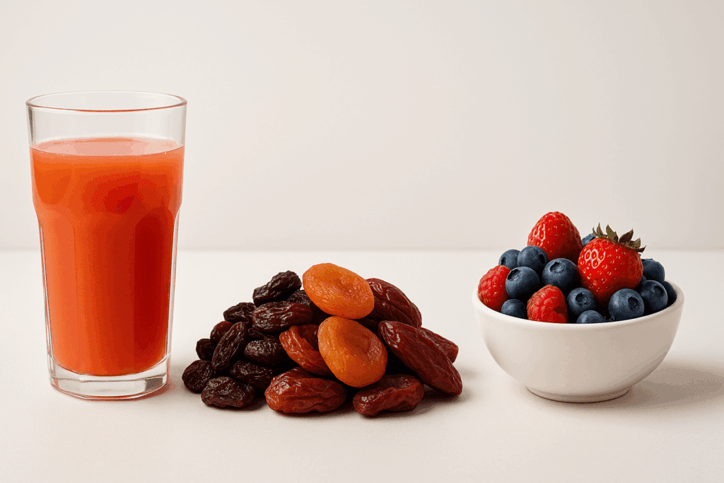Glass of fruit juice, pile of dried fruits, and bowl of fresh berries side by side to show keto fruits to avoid