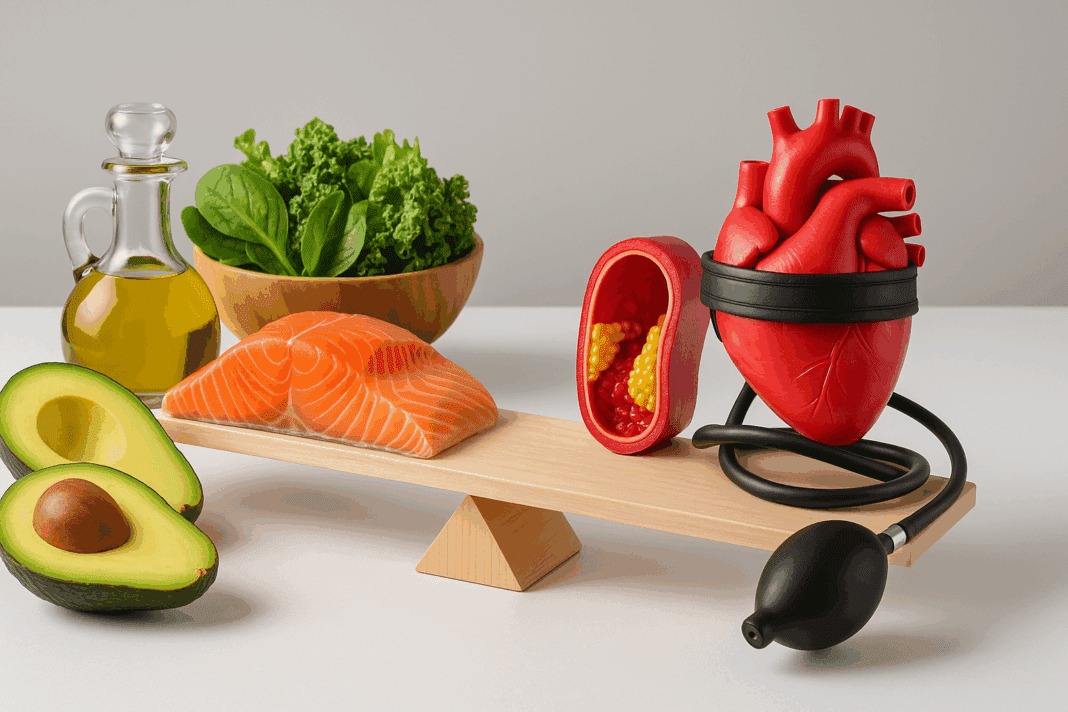 Balanced seesaw showing keto foods like salmon and avocado opposite a stressed heart model, illustrating the question: Does the Keto Diet Raise Cholesterol?