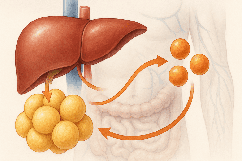 Liver producing ketone bodies from fat cells, illustrating ketosis metabolism—related to the question: Does the Keto Diet Raise Cholesterol