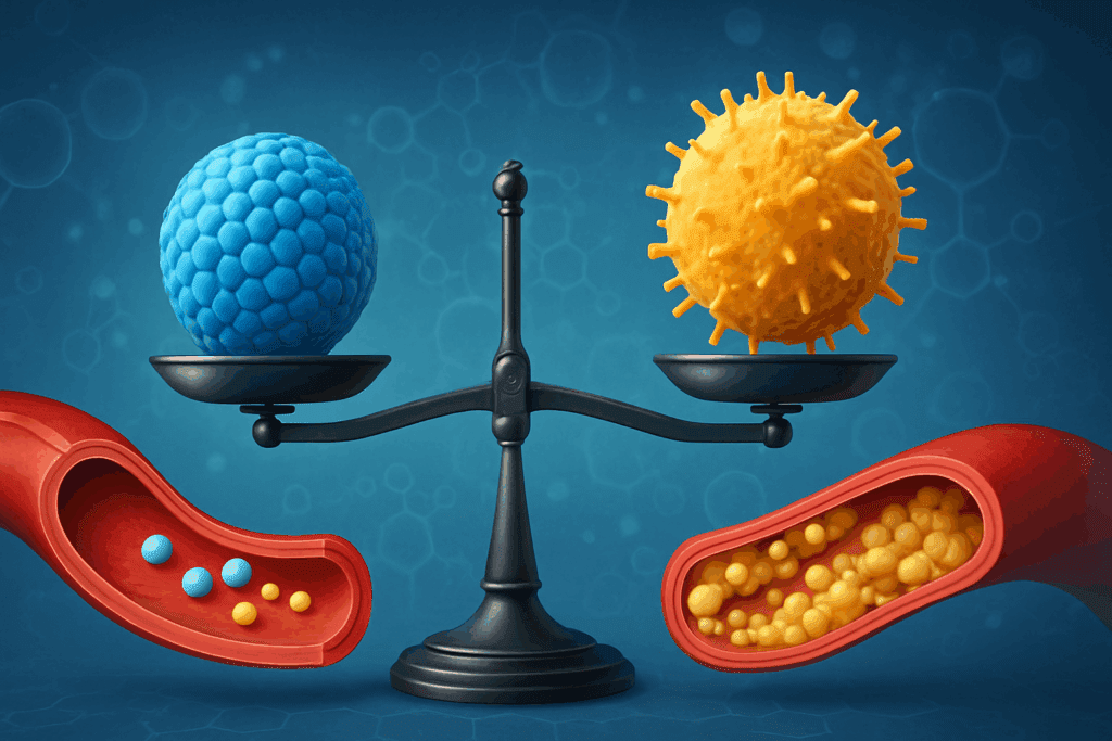 Conceptual balance scale showing HDL and LDL levels with symbolic arteries and cholesterol particles, illustrating the question: Does the Keto Diet Raise Cholesterol