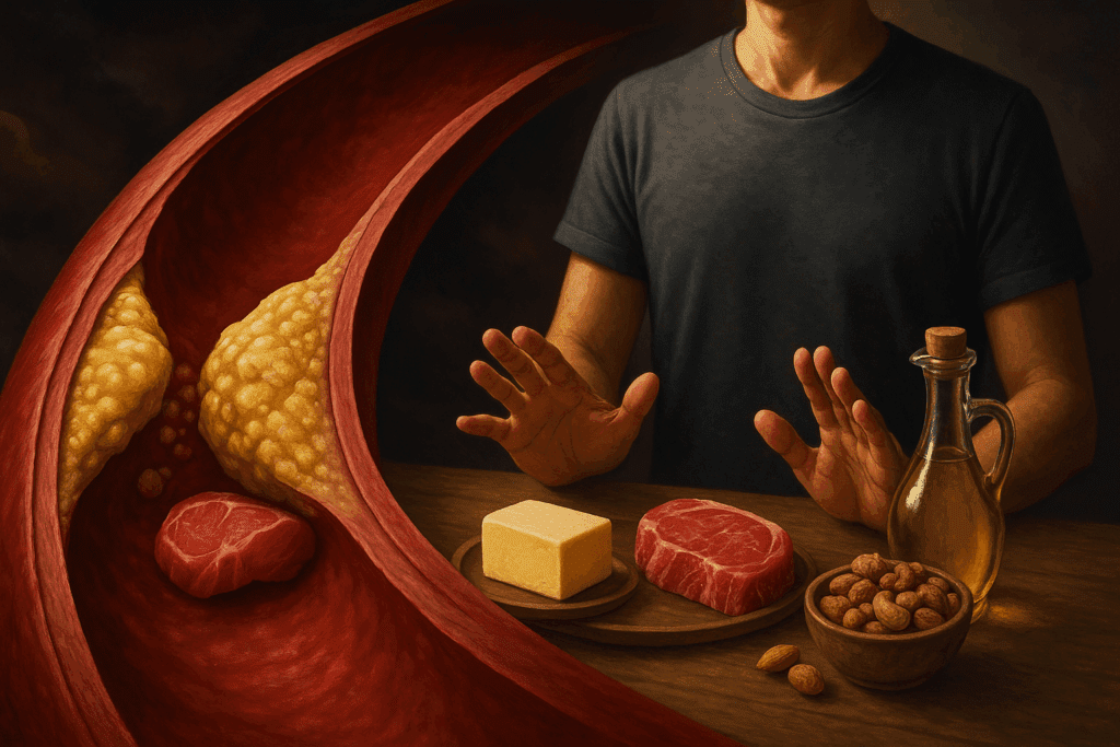 Clogged human artery beside person choosing between saturated and unsaturated fats, illustrating the question: Does the Keto Diet Raise Cholesterol