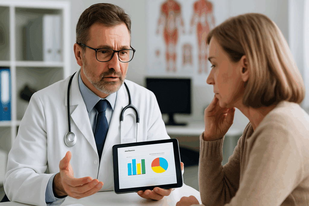 Doctor discussing lipid panel results with a patient, highlighting concerns related to high cholesterol and the question, Does the Keto Diet Raise Cholesterol.