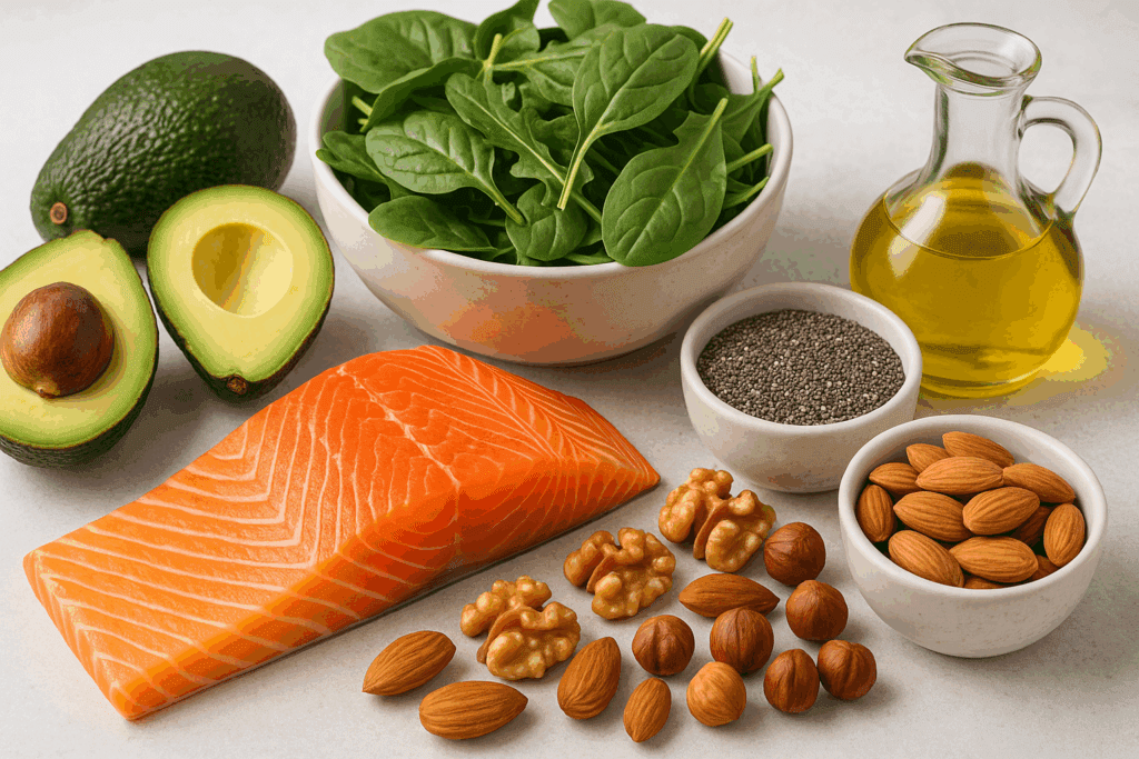 Heart-healthy keto foods including salmon, avocado, nuts, chia seeds, olive oil, and leafy greens arranged on a bright table, illustrating nutritious options in the context of “Does the Keto Diet Raise Cholesterol.”