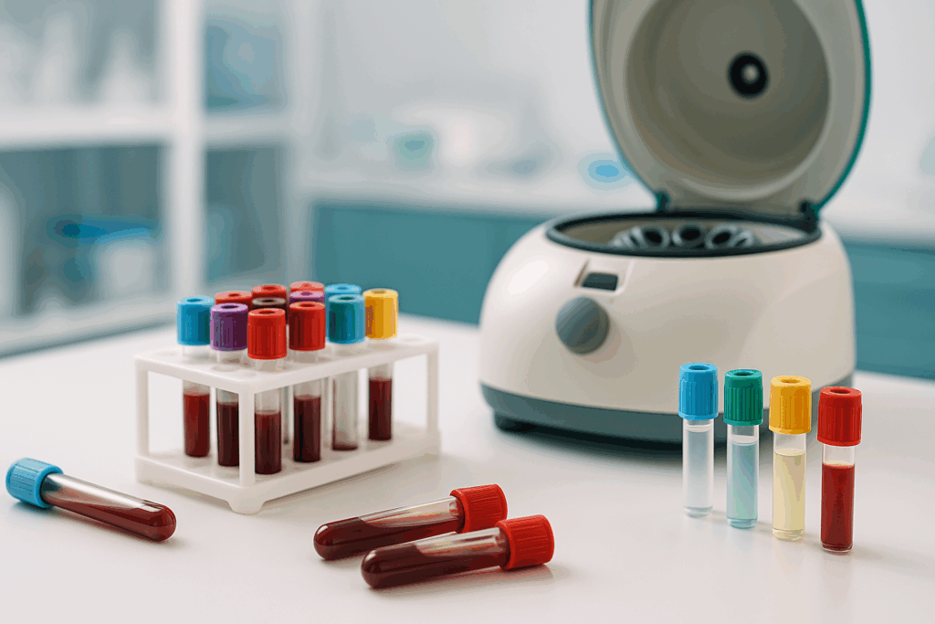 Blood samples in color-coded vials and a centrifuge machine in a medical lab used for cholesterol testing, related to the question: Does the Keto Diet Raise Cholesterol