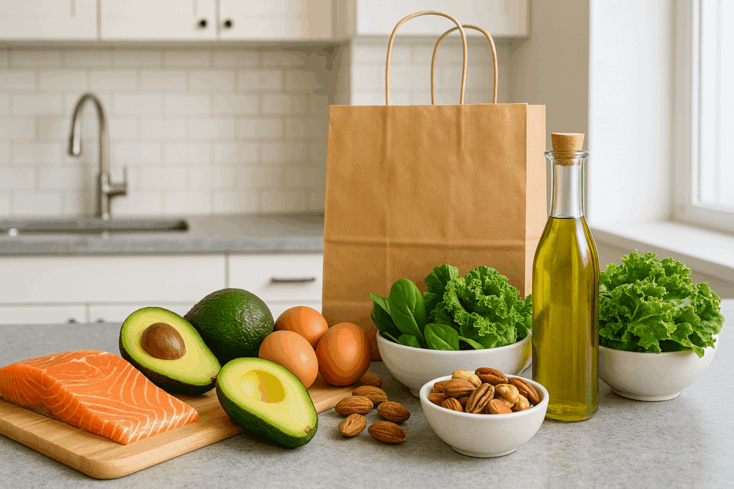 Fresh keto diet grocery list on modern kitchen counter with avocados, eggs, salmon, leafy greens, olive oil, and nuts.