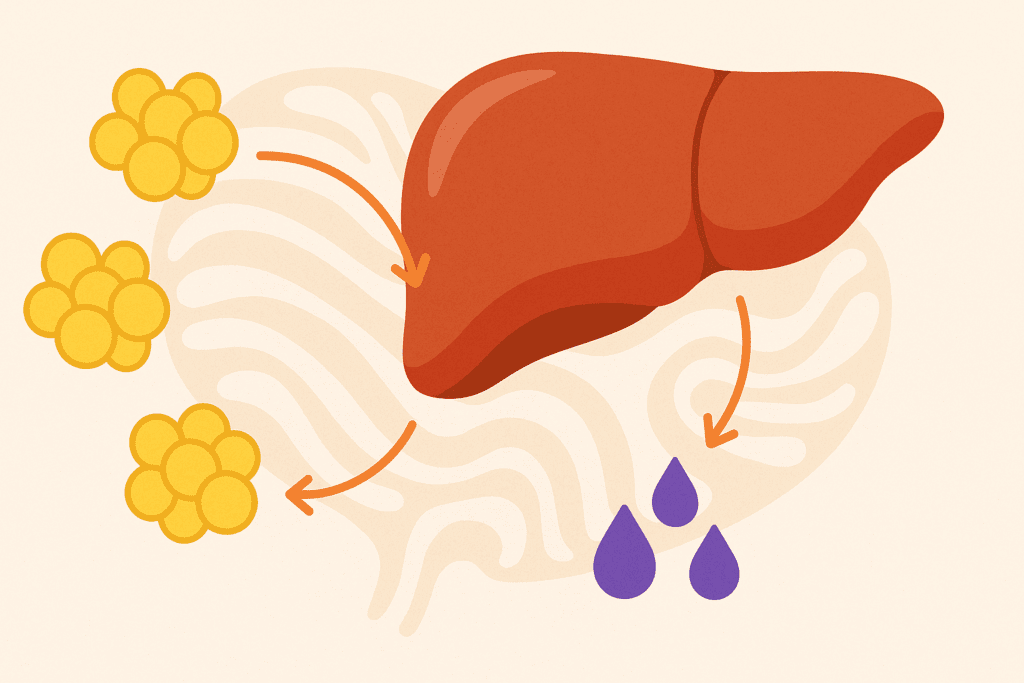 Illustration of liver converting fat into ketones, showing how the body burns fat for energy on a keto diet grocery list.
