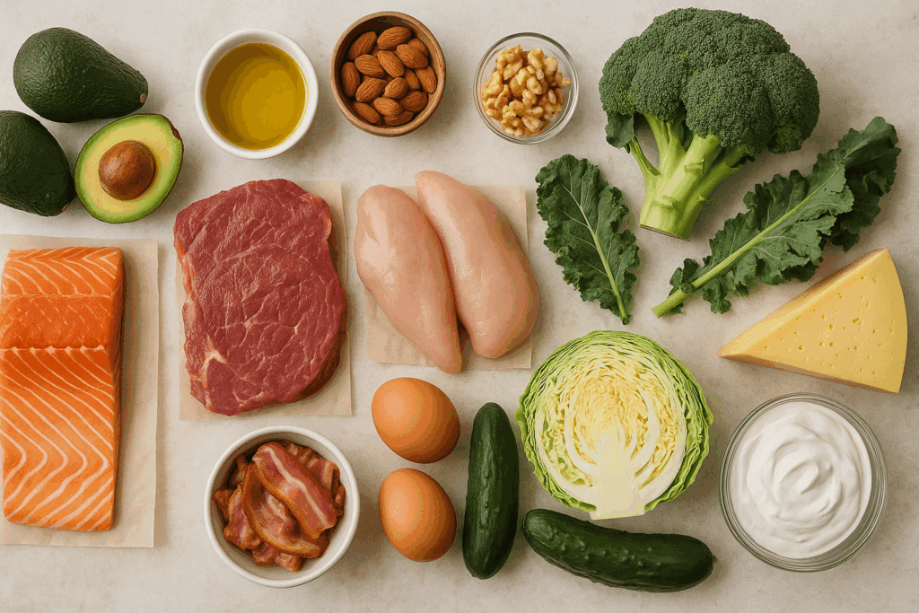 Flat-lay of a categorized keto diet grocery list with healthy fats, proteins, non-starchy vegetables, and dairy on a rustic table.