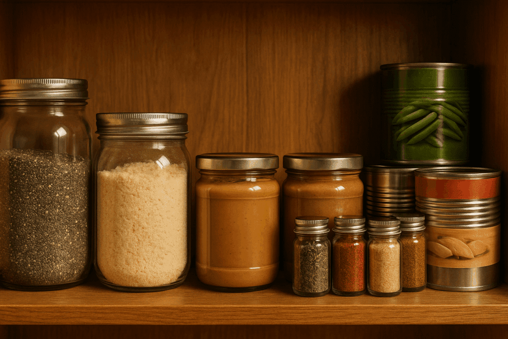 Neatly arranged pantry shelf with chia seeds, almond flour, nut butters, canned vegetables, and spices from a keto diet grocery list.