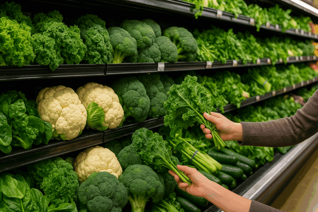Shoppers selecting kale in a grocery store produce aisle stocked with spinach, cauliflower, and broccoli for a keto diet grocery list.