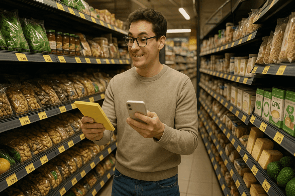 Smiling man comparing items in a grocery store aisle filled with low-carb foods, creating a keto diet grocery list.