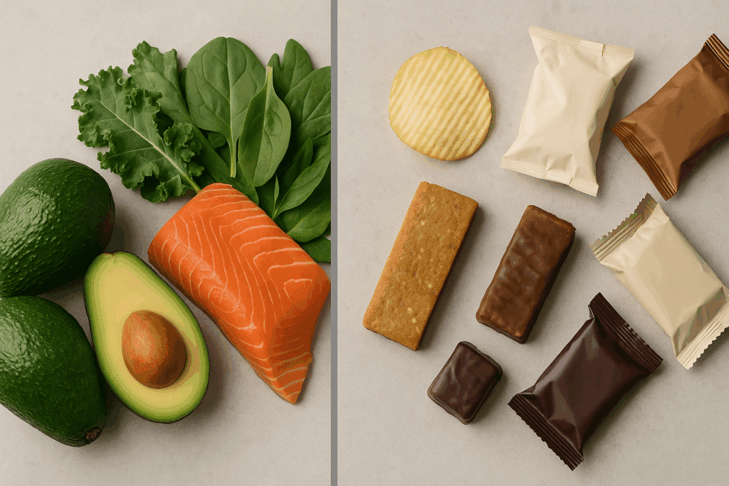 Split scene showing healthy keto diet grocery list items like avocados, salmon, and leafy greens beside processed keto snacks and bars.