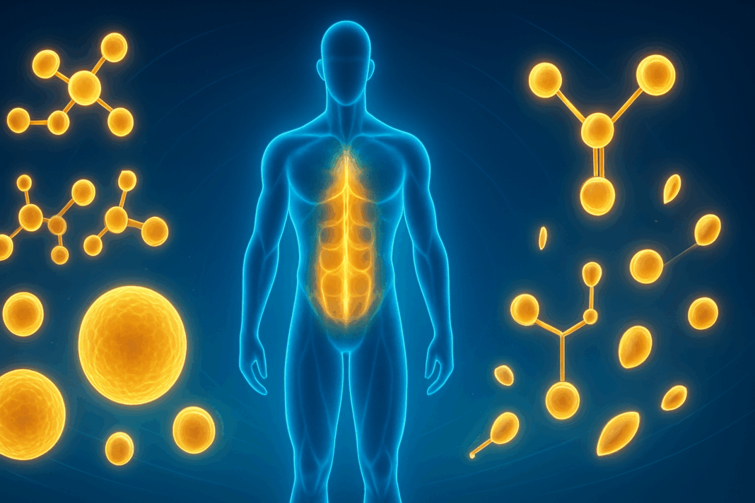 Human body glowing in metabolic state with fat molecules converting into ketones, symbolizing how long does it take to get into ketosis