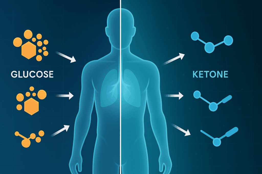 Medical illustration showing the body's metabolic switch from glucose to ketone energy, explaining how long does it take to get into ketosis.
