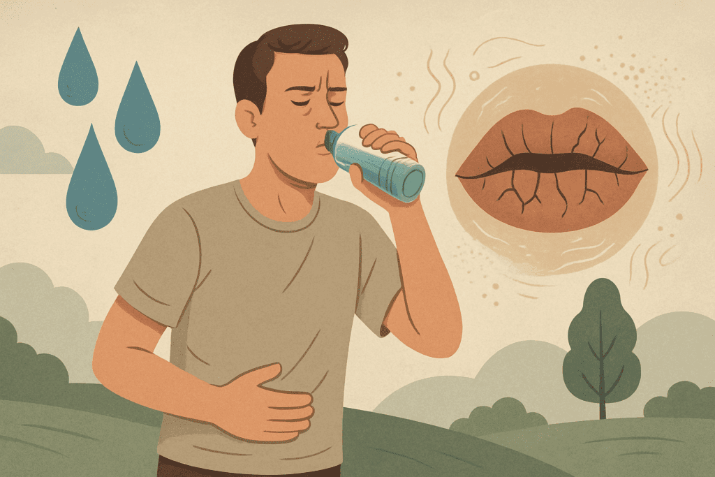 Person drinking water in a sunlit landscape with symbolic signs of thirst, dry mouth, and sensory changes illustrating how long does it take to get into ketosis.