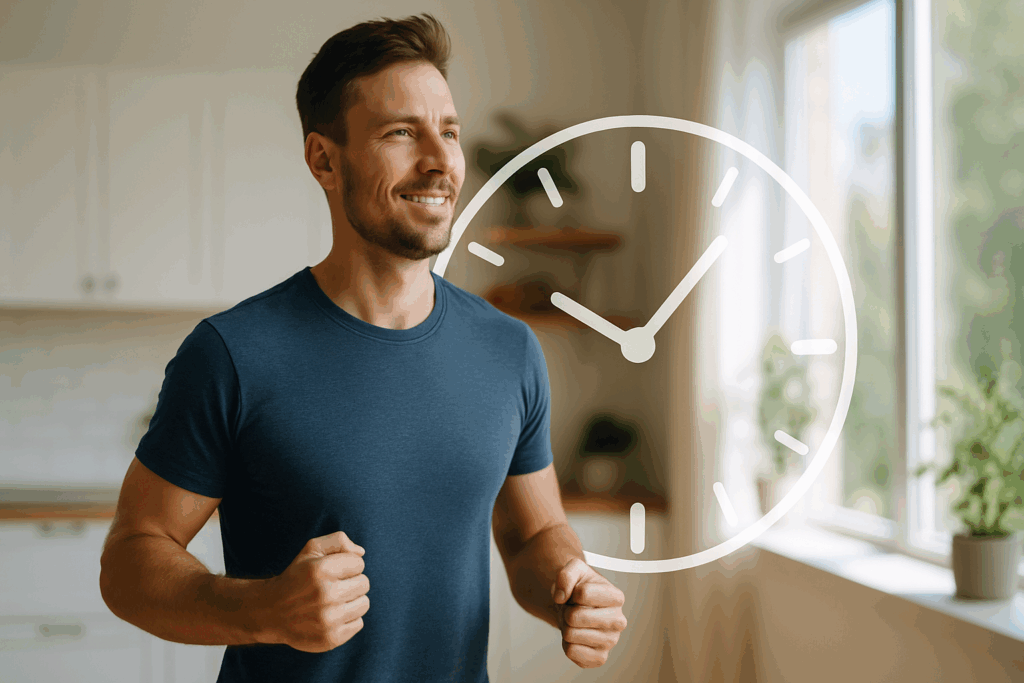 Energized man standing in a sunlit kitchen with a clock overlay, symbolizing intermittent fasting and illustrating how long does it take to get into ketosis.