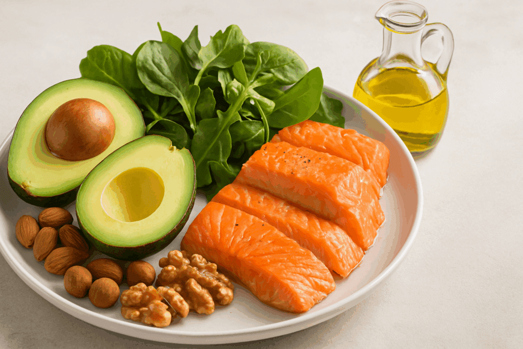 Low-carb, high-fat meal with salmon, avocado, nuts, leafy greens, and olive oil for a healthy start on how long does it take to get into ketosis.