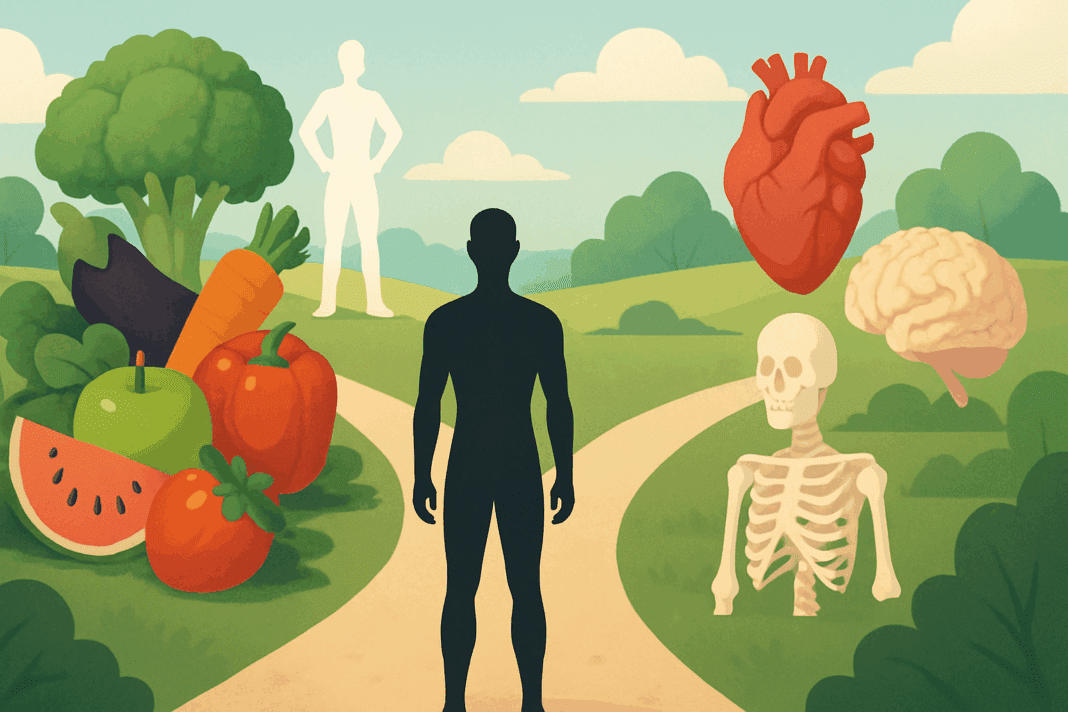 Conceptual illustration of a person at a health crossroads symbolizing the long term effects of keto diet on physical and internal well-being