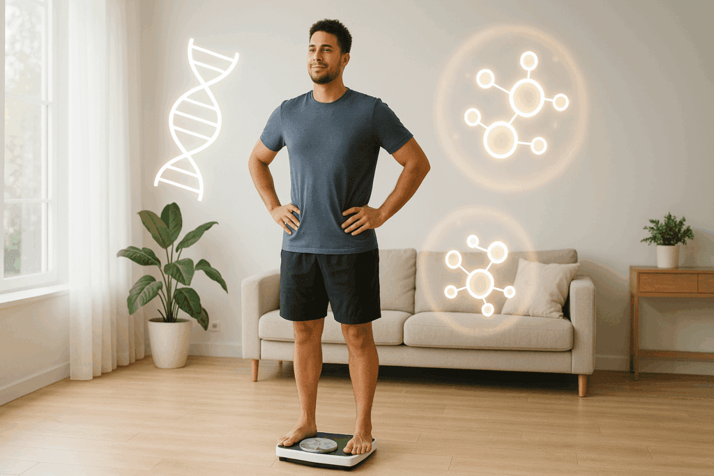 Confident young man standing on a bathroom scale in a sunlit room with glowing metabolic symbols, representing the long term effects of keto diet on weight and metabolic health.