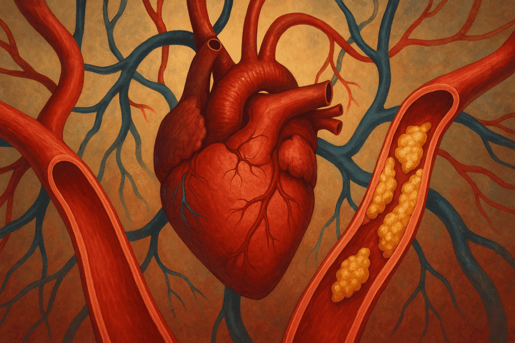 Illustration of a human heart surrounded by arteries showing plaque buildup, symbolizing cardiovascular risks linked to the long term effects of keto diet.