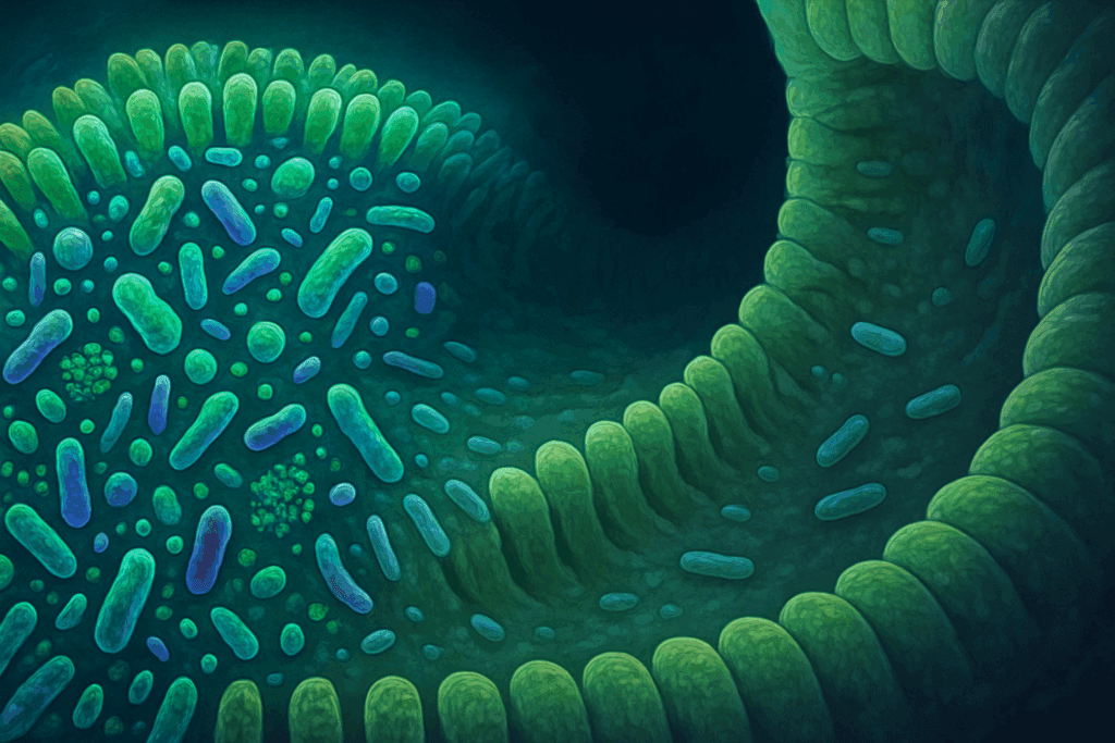 Cross-section of the human gut showing diverse microbiota on one side and depleted flora on the other, illustrating gut imbalance linked to long term effects of keto diet