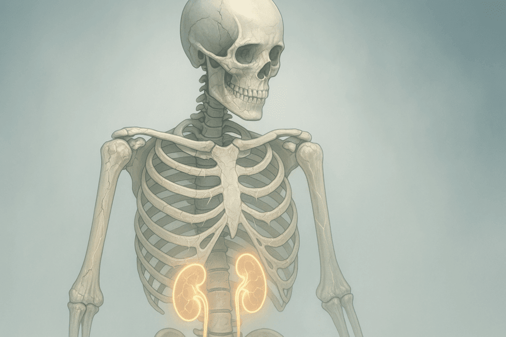 Medical illustration of a fragile skeleton with glowing kidneys symbolizing bone loss and kidney stress from long term effects of keto diet