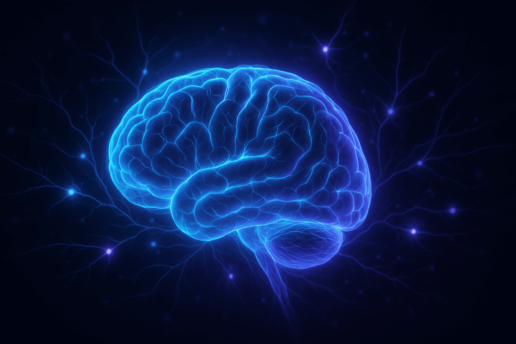 Glowing human brain with blue and purple neural activity illustrating cognitive benefits tied to the long term effects of keto diet