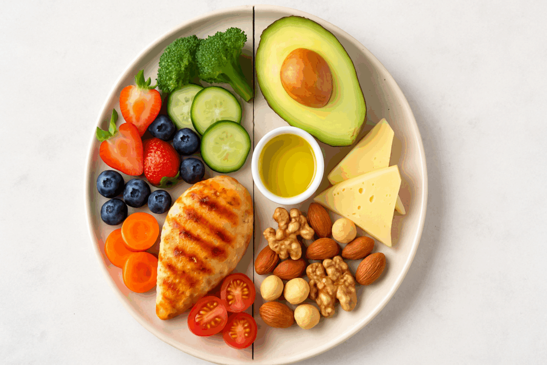 Divided plate illustrating Low Carb Diet vs Keto: one half with grilled chicken, fruits, and vegetables; the other with cheese, avocado, nuts, and olive oil.
