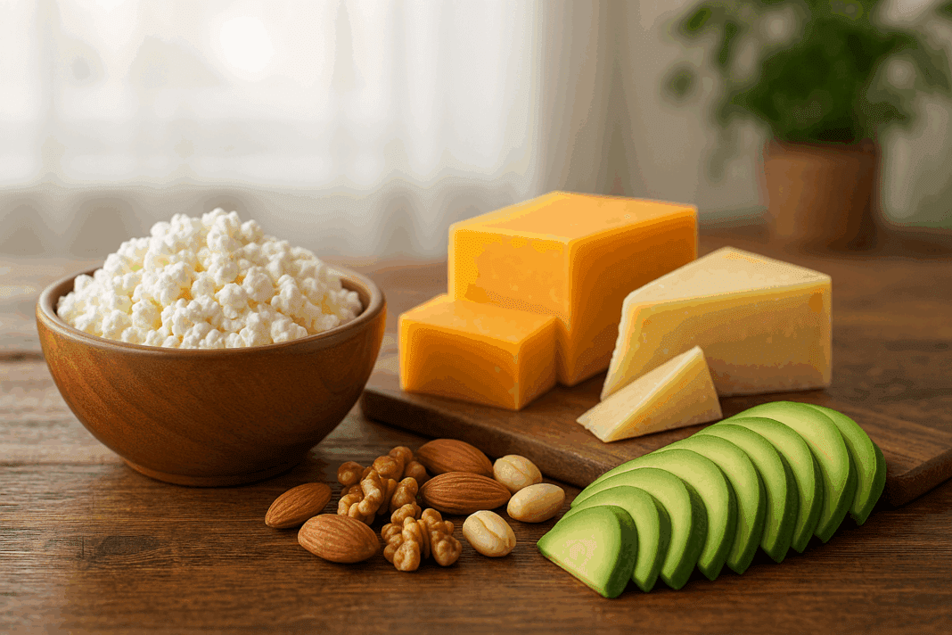 Rustic wooden table with full-fat cottage cheese, cheddar, parmesan, avocado slices, and nuts arranged to illustrate is cottage cheese keto diet foods.