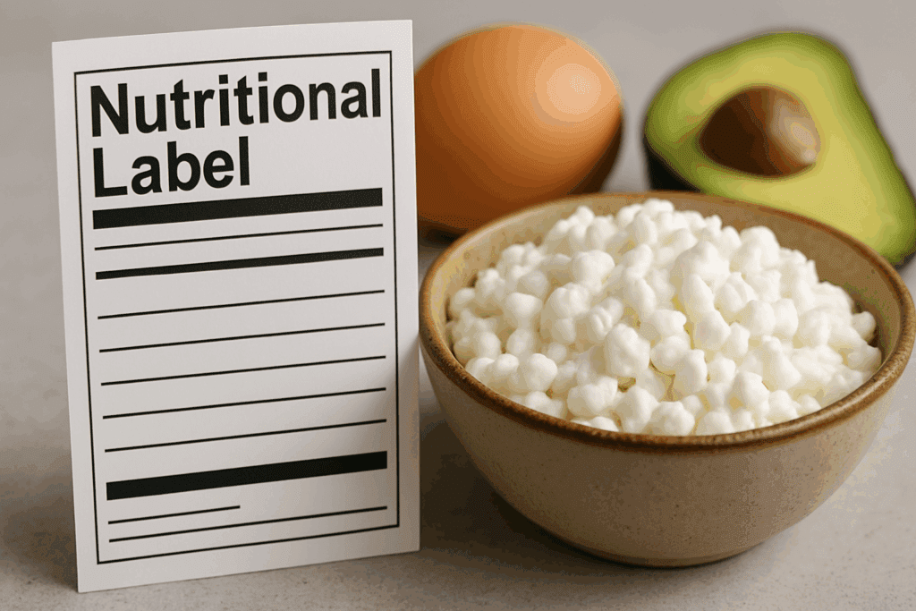 Bowl of cottage cheese next to a blank nutrition label with avocado and egg in the background, illustrating is cottage cheese keto.