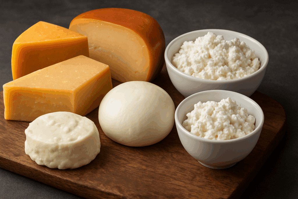 Assortment of aged and fresh cheeses on a rustic board showing differences in texture and moisture for keto diets, answering is cottage cheese keto.