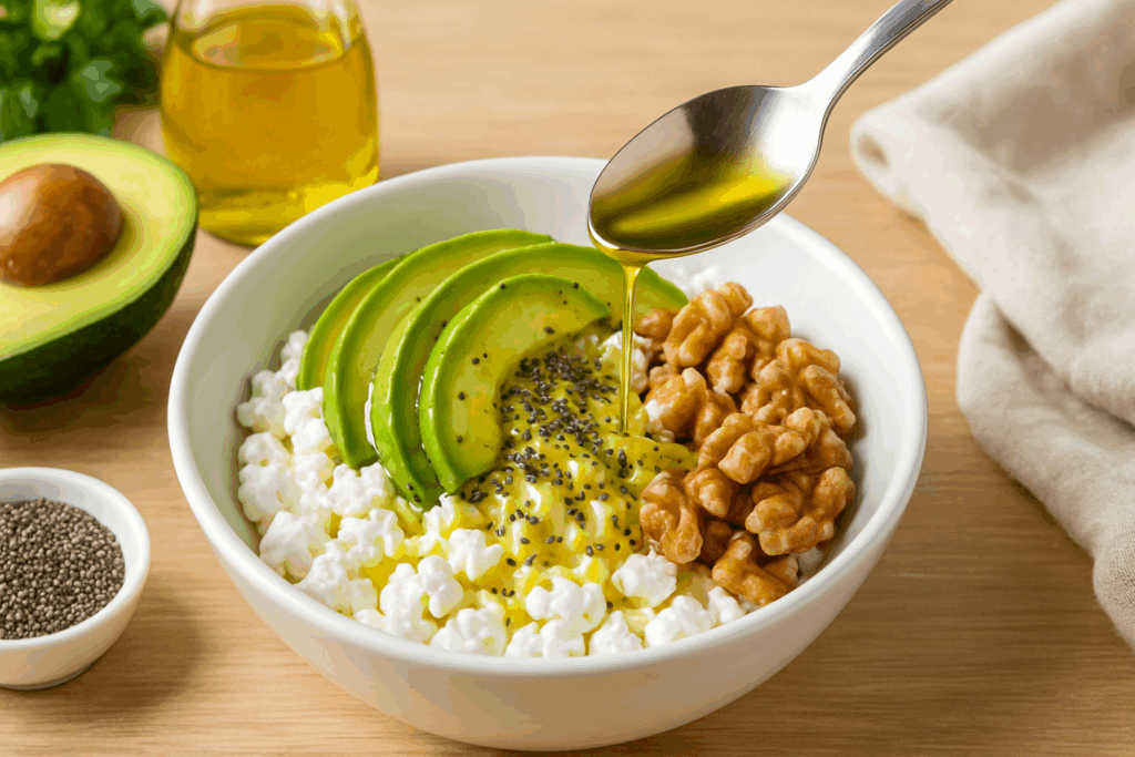 Bright kitchen scene showing a bowl of cottage cheese mixed with avocado slices, walnuts, chia seeds, and olive oil, illustrating how is cottage cheese keto when paired with healthy fats.