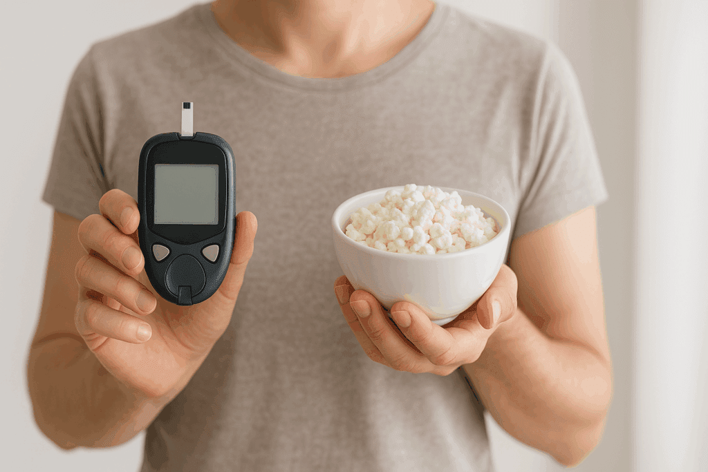 Person holding a glucometer and a bowl of cottage cheese, illustrating blood sugar monitoring while exploring is cottage cheese keto.