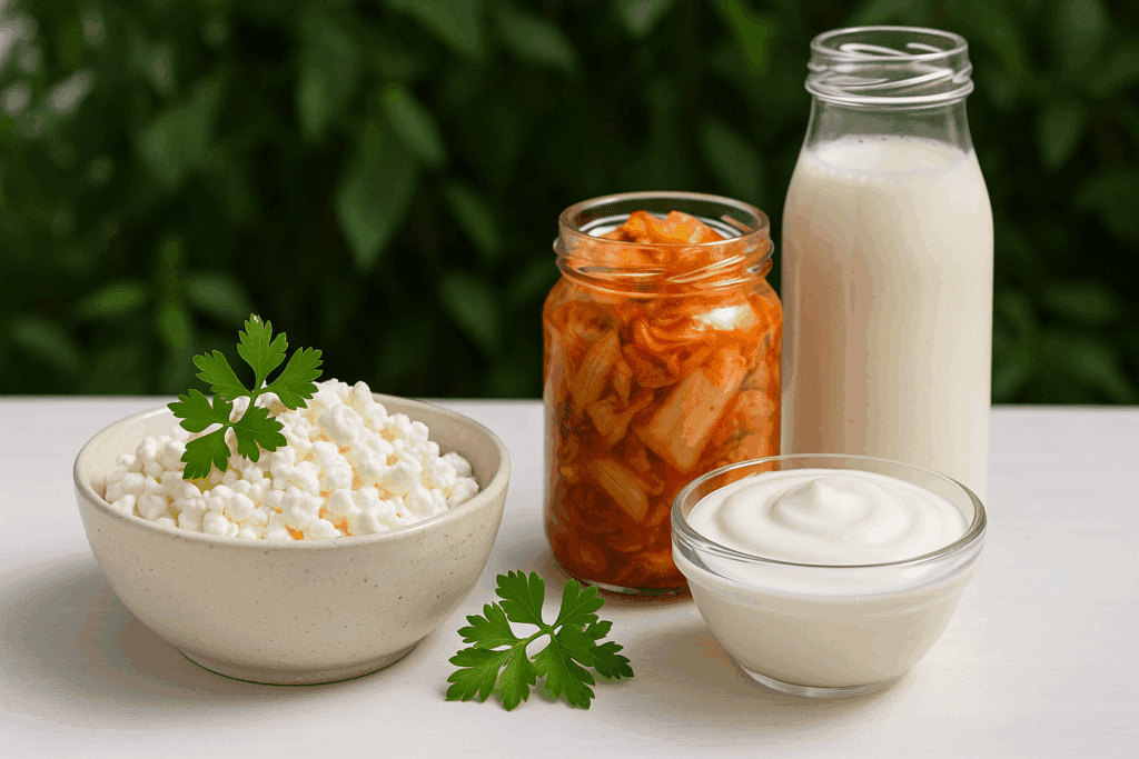 Probiotic foods for gut health on a white table, including cottage cheese, yogurt, kimchi, and kefir, highlighting is cottage cheese keto benefits.