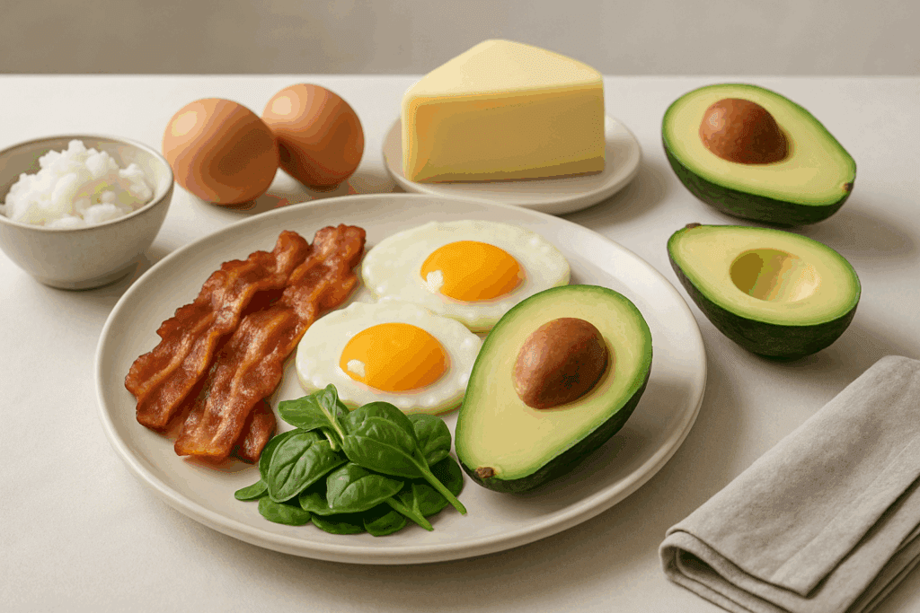 Low Carb Diet vs Keto meal with eggs, bacon, avocado, cheese, leafy greens, and coconut oil on a modern table setting