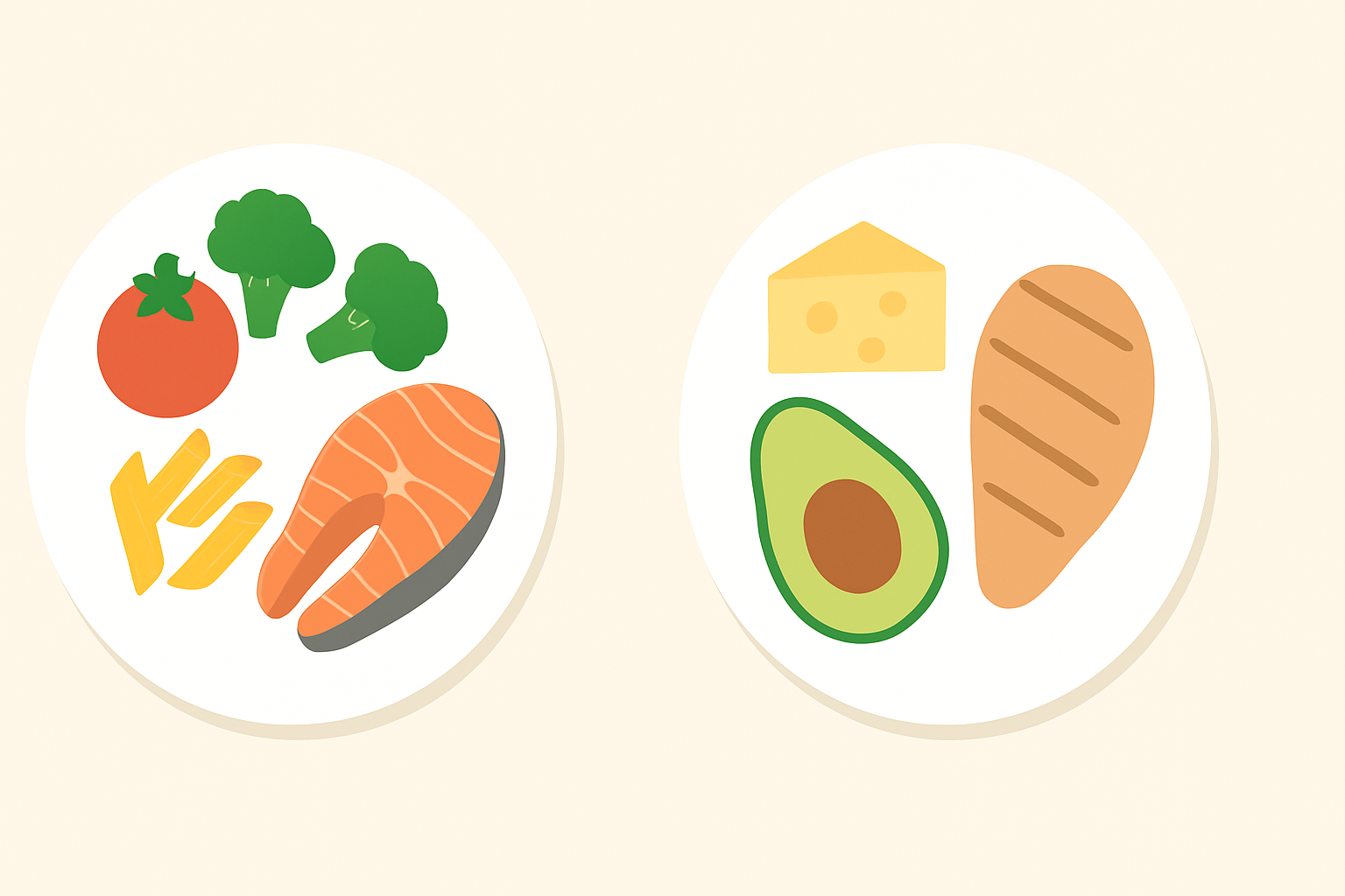 Two side-by-side plates visually compare Low Carb Diet vs Keto, showing different food portions like salmon, pasta, avocado, and cheese.