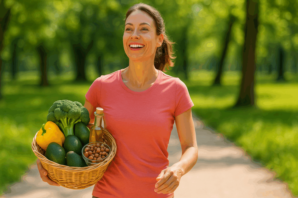 Healthy woman walking outdoors with a basket of fresh foods symbolizing Low Carb Diet vs Keto lifestyle benefits