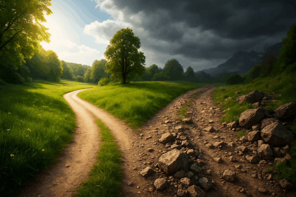 Fork in a country road symbolizing Low Carb Diet vs Keto decision, with one path sunny and smooth, the other rocky and cloudy.