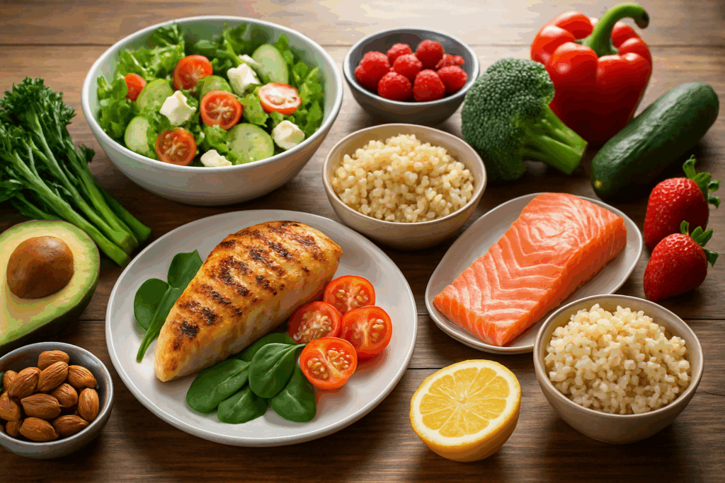 Grilled chicken, salmon, fresh vegetables, berries, avocado, and whole grains arranged on a rustic table to illustrate flexibility in the Low Carb Diet vs Keto comparison.
