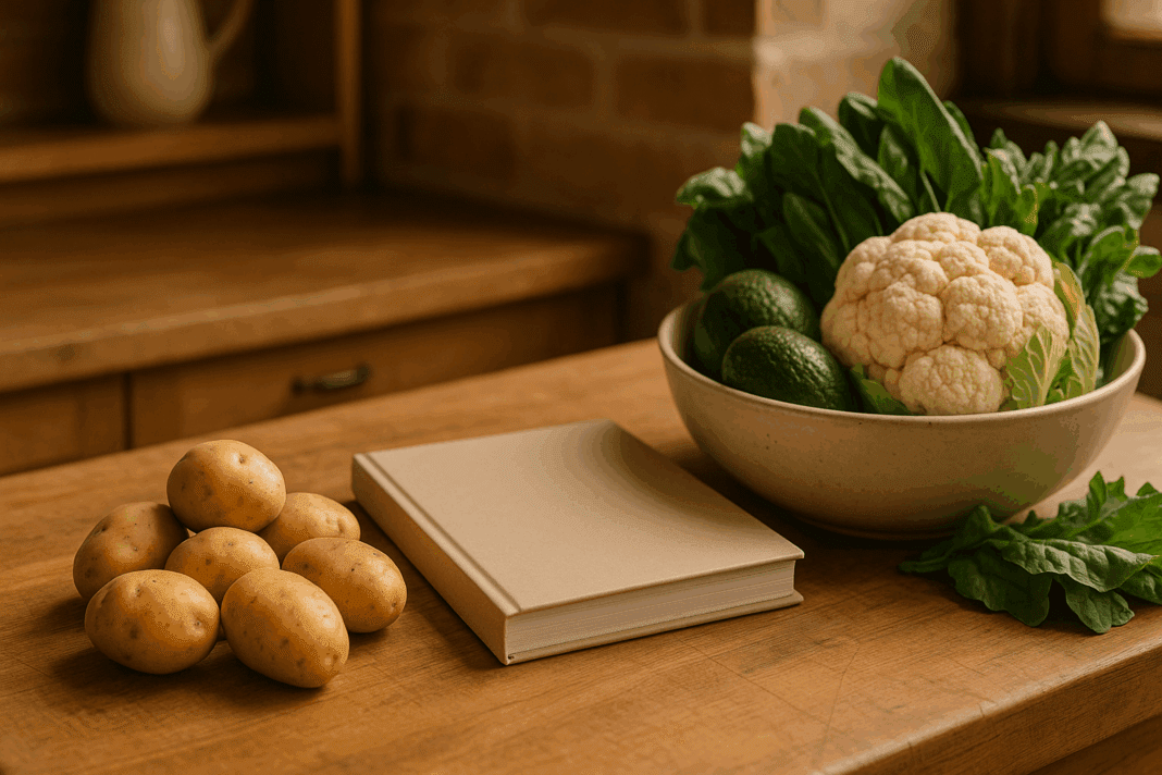 Rustic kitchen scene with fresh potatoes on a wooden countertop next to a keto cookbook and low-carb vegetables, illustrating can you eat potatoes on keto.