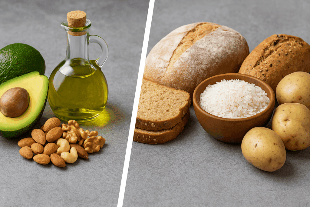 Comparison of keto-friendly foods like avocado, olive oil, and nuts versus high-carb foods like bread, rice, and potatoes, illustrating can you eat potatoes on keto.