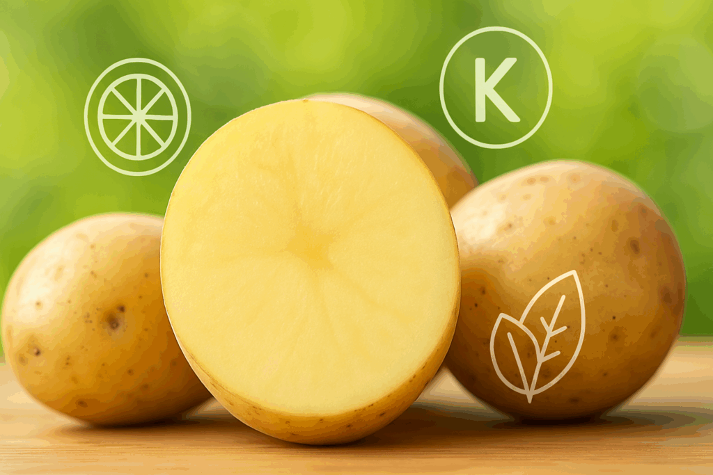 Close-up of a sliced raw potato with nutrient icons symbolizing vitamin C, potassium, and fiber, illustrating can you eat potatoes on keto diet considerations.