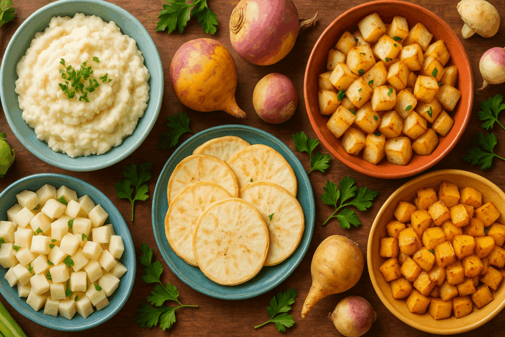 Mashed cauliflower, roasted turnips, rutabagas, celery root, and kohlrabi cubes as alternatives to can you eat potatoes on keto.