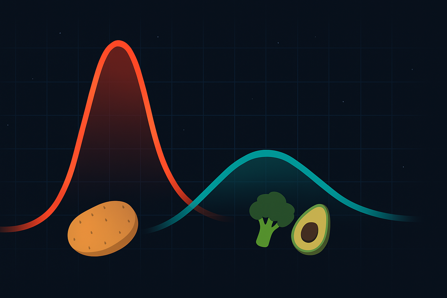 Graph comparing blood sugar spikes from potatoes versus low-carb foods, illustrating glycemic response for can you eat potatoes on keto topic.