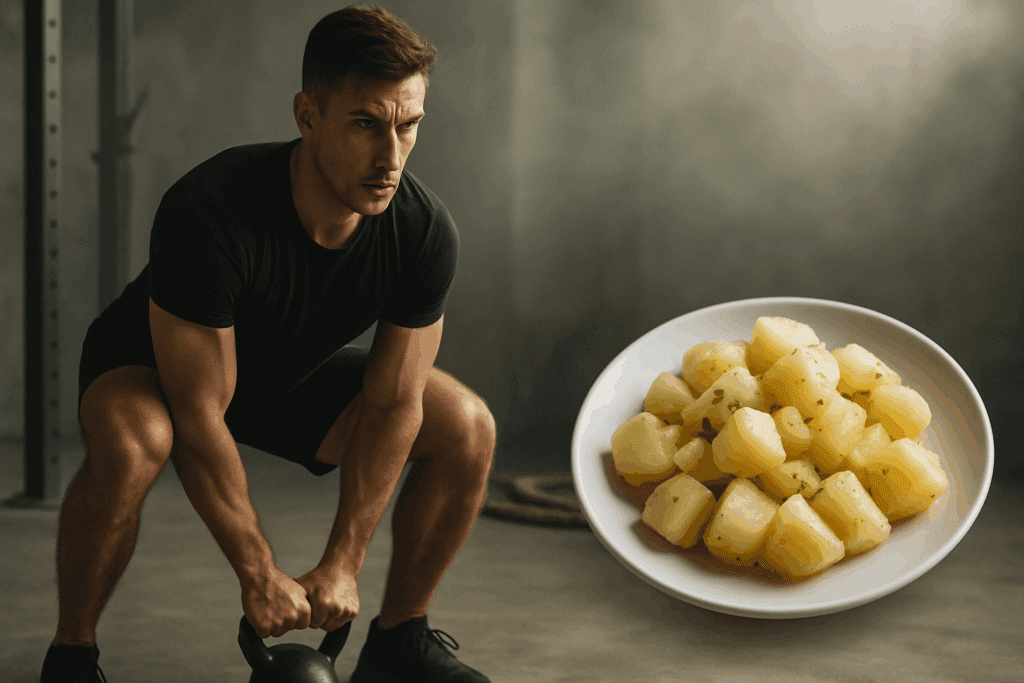 Fit man lifting kettlebell in gym with plate of potatoes in foreground illustrating post-workout meal choice for can you eat potatoes on keto.