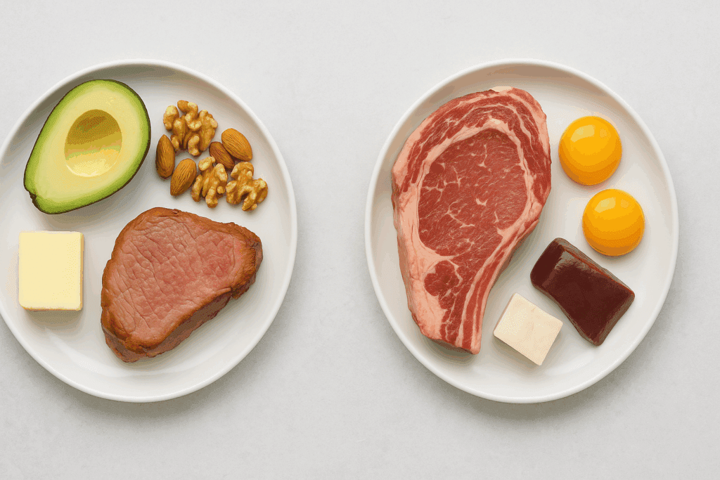 Side-by-side plates showing ketogenic and carnivore foods, illustrating the evolution into the keto carnivore diet