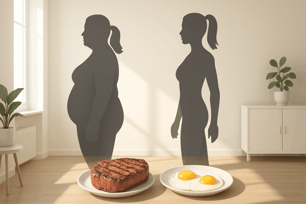 Before-and-after silhouette of a person showing fat loss and muscle tone improvement on the keto carnivore diet, with steak and eggs in a minimalist home.