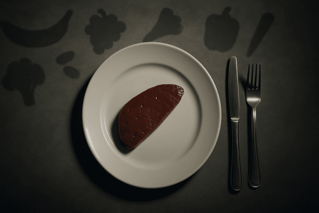 Single slice of liver on a white plate with fork and knife, symbolizing nutrient gaps in a keto carnivore diet.