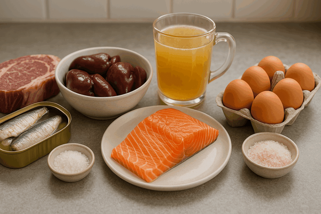 Meal prep layout of salmon, sardines, organ meats, bone broth, eggs, and salt on a kitchen counter for the keto carnivore diet